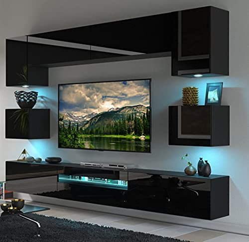 Furnitech Wohnwand Wohnzimmer - Wohnzimmer Möbel mit LED Weiß - Hängend Wohnwand Modern - Wohnzimmer Schrankwand mit Regale und TV Schrank (Besta GAN1-17B-HG20 1B)