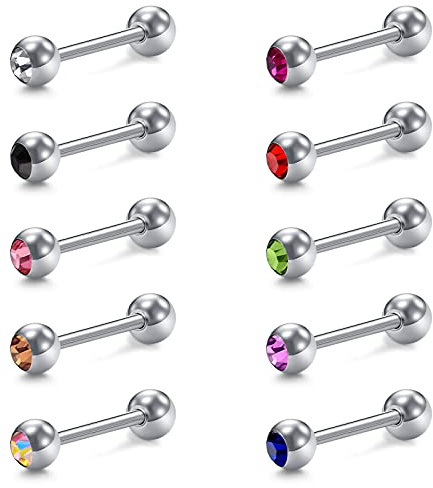 Vcmart 10 Piercing per Lingua in Metallo da 14 G, in Acciaio Chirurgico, 12-18 mm, Set di Piercing con Cristallo, Acciaio Inossidabile, Cristallo, Metallo, Acciaio