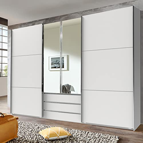 Casa Vital Kleiderschrank Magic F36391, weiß, 300x65x216 cm, mit Einlegeböden, Kleiderstangen, Breiten Schubladen und Spiegel