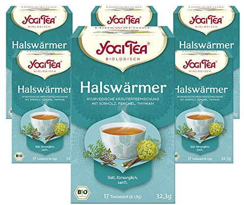 Yogi Tea - Halswärmer, Ayurvedischer Bio Gewürz- und Kräutertee, von Natur aus koffeinfrei, Mischung aus Süßholz, Fenchel und Thymian, Yogi Tee 6er Pack, 6x17 Beutel (102 Teebeutel insgesamt)