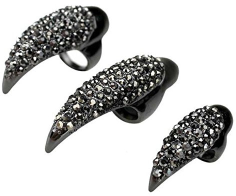 Sewroro 10 Pcs Halloween- Krallen Gefälschte Nägel Ring Set Gothic Punk Claw Paw Finger Ringe Biegung Fingernagelklaue Nägel Schwarz für Frauen Männer 3 Größen