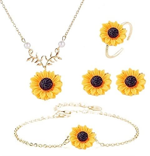 Wedity Sonnenblumen-Halskette, Sonnenblumen-Ohrringe, Ring, Blumen-Armbänder, Schmuck-Set, verstellbar, für Frauen und Mädchen (Gold)