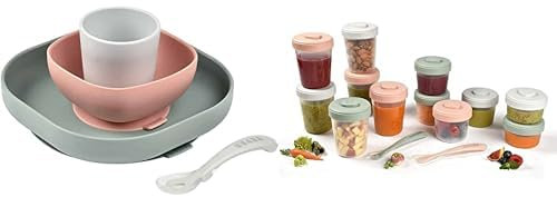 BÉABA, Set Vaisselle Silicone Repas Bébé, Avec Ventouse, Anti-dérapant, 4 Pièces, Assiette + Bol+ Verre + Cuillère & Lot de 12 Portions Conservation et 2 Cuillères Silicone, Clip, Pots empilables