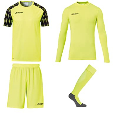 uhlsport Men's Reaction Shirts, Shorts, Base Layer and Football Socks, Complete Goalkeeper Clothing/Set for Adults and Teenagers, Fluo Yellow/Black, 128
