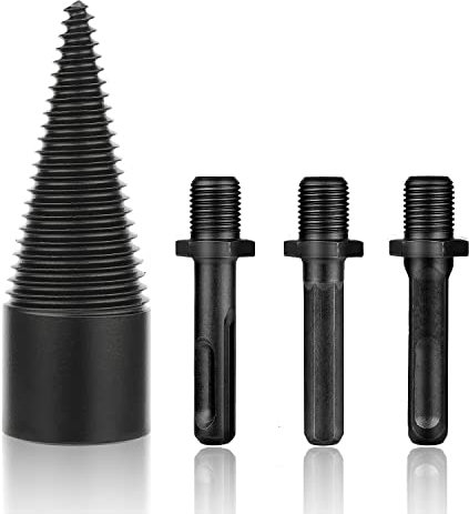 32mm Firewood Log Splitter Drill Bit Removable Wood Log Splitter Firewood Drill Bit Heavy Duty Electrical Screw Cone Kindling Firewood Splitter with Hex Square Round Drill Shanks (Black, 4 Piec