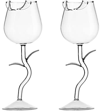 JYCRA Lot de 2 verres à cocktail en forme de rose, verres à vin rouge en forme de fleur avec feuilles réalistes pour mariage, bar, fête, transparent