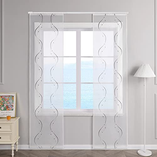 ESLIR Schiebegardinen Voile Flächenvorhänge Set 2er Schiebevorhang Wohnzimmer Gardinen mit Klettband Transparent Vorhang Bestickt Grau BxH 57x245cm 2 Stück