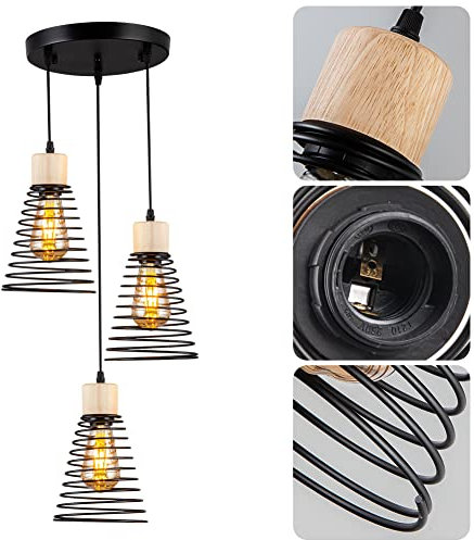 MAXDUYU 3 Flammen Pendelleuchte Vintage E27 Hängelampe Metall Holz Deckenleuchte Hängelampe Retro Lampenschirm Industrial für Esszimmer Flur Wohnzimmer Restaurant Keller,Schwarz