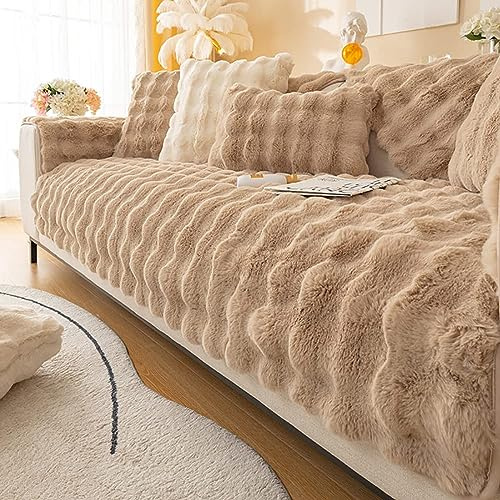 Hixako Funny Cosy Plush Non-Slip Couch Cover, Fluffy Thick Rabbit Plush Sofa Cushion, Garden Chic Cotton Protective Cover (Coffee,35.4 * 63 in)