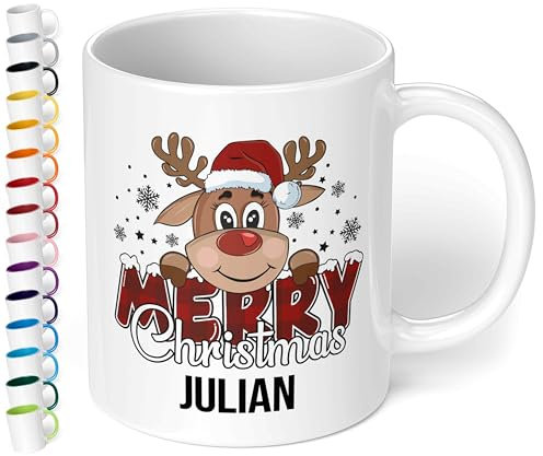 True Statements Weihnachtstasse mit Namen personalisiert „Merry Christmas“ - mit Rentier-Motiv - 330ml Keramik Kaffeebecher mit Spruch – Geschenk für Kollegen & Familie (Weiß)