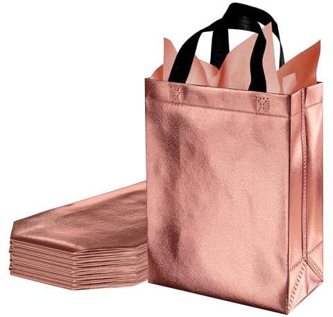 BLEWINDZ 9Pcs Medium Gift Bags With Tissues - Rose Gold Reusable Shiny Bags for Goodie, Shopping, Party Favors