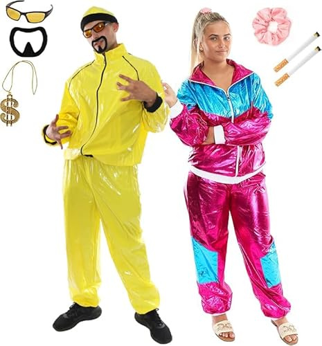 Adults Funny 90's Rapper & Me Julie Costume Set - Medium Yellow Tracksuit, Large Pink and Blue Tracksuit, Yellow Sunglasses, Goatee Beard, Gold Chain and Fake Cigarettes - Funny Couples Costume