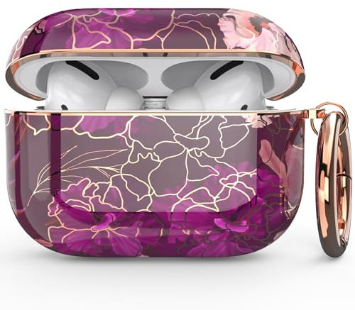 wenew Case Cover kompatibel mit Apple Airpods Pro, Hard Case Cover mit süßen Mustern und Schlüsselanhänger für Mädchen, Kinder, Frauen, Männer (Goldenes Lila)