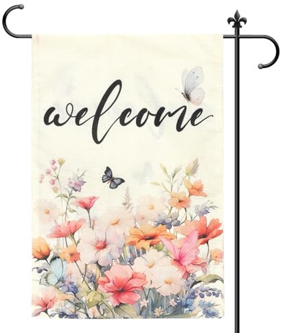 XIHIRCD Welcome Drapeau de Jardin de Printemps, 30x45cm Drapeau de Printemps Double Face Fleur de Saison Drapeau de Maison de Printemps pour Décoration Extérieure Pâques (Pas de Porte-Drapeau)