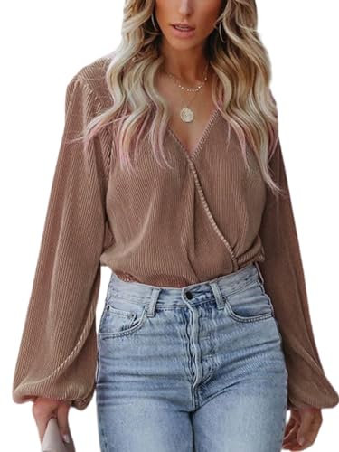 CUPSHE Damen Blusen V-Ausschnitt Wickeloptik Plissee Oberteile Langarmshirt Falten Tunika Wickelbluse Tops Coffee L