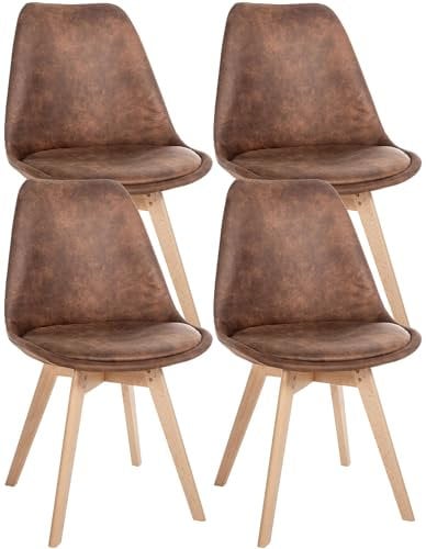 CLP 4er Set Esszimmerstuhl Linares Kunststoff I Stoff I Samt I Cord I Lederoptik I Lehnstuhl Mit Holzgestell, Farbe:braun, Material:Kunstleder