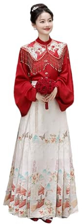 Mkjuuior Chinesisches Hochzeitskleid, Pferdegesichtskleid, Mädchen-Hochzeitskleid, Hanfu bedrucktes Stickerei-Kleid, Anzug, Rock Make-up Blume, X-Large