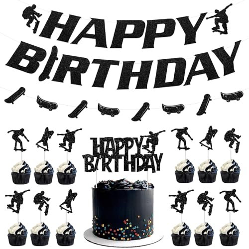 Sursurprise Skateboard Geburtstag Dekorationen: Skateboard alles Gute zum Geburtstag Banner, Girlande, Kuchen Topper & Cupcake Toppers für Skater Extreme Skateboarding Party