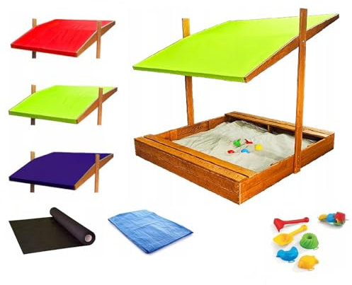 Sandkasten aus Holz mit Dach Abdeckung Imprägniert Sandbox Kinder 120 cm (Grün)