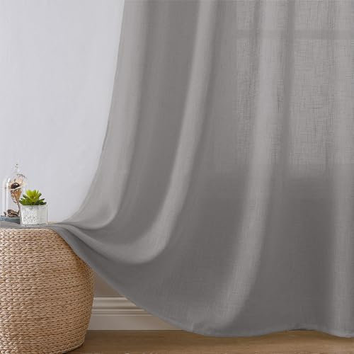 Joydeco Leinen Gardinen mit Ösen Grau Vorhänge Leinen(Enthält echtes Leinen), H220 x B140 cm (2er Pack) Vorhänge Wohnzimmer Schlafzimmer, Durchscheinende Gardinen Antibakterielle Leinenvorhänge