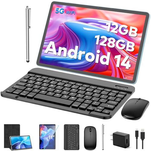 Android Tablet, 11 Inch Android 14 Tablet with Keyboard, 12GB+128GB, 1TB Expand, 8000mAh, 5MP+13MP, 2.4G & 5G WiFi, IPS Touchscreen, GMS Certified, 2 in 1 Tablets with Case,