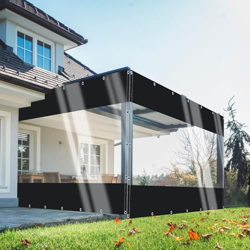 TMGJShd Outdoor Waterproof Curtains, Transparent PVC Cloth, Thickened Tarpaulin With Eyelets, 0.5 mm for Garage Porch Gazebo Terrace. (Black/Size: H:3m W:4.5m)