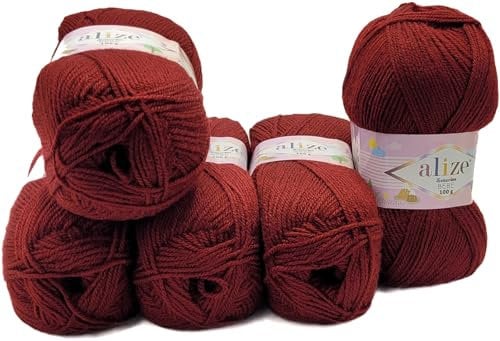 5 x 100 Gramm Ilkadim Export Sekerim Bebe Strickgarn einfarbig, 500 Gramm Strickwolle uni, Acrylgarn (bordeaux 57)