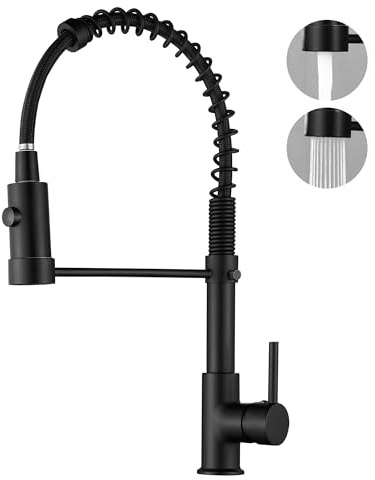 Schwarze Küchenarmatur mit herausziehbarem Sprühkopf, Doppelfunktion, Federhals, Topffüller, Küchenspüle, Armaturen
