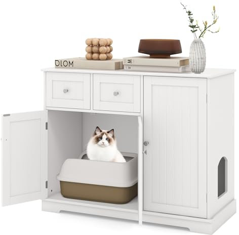 COSTWAY Katzenschrank für Katzentoilette, Katzenklo Schrank mit 2 Schubladen, 3 Türen & Eingang, Katzenhaus Katzenkommode Beistelltisch, Katzenmöbel für Innenbereich, modern, 100x45x80cm, Weiß