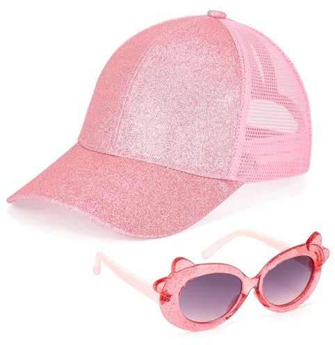 BTHRORO Basecap Mädchen Sonnenbrille Kinder, Glitzer Baseballkappe mit Pferdeschwanz Verstellbarer Kinder Kappe Mädchen Sommer Mesh Sonnencap Outdoor Sonnenhut Sport Freizeit Rosa