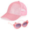 BTHRORO Basecap Mädchen Sonnenbrille Kinder, Glitzer Baseballkappe mit Pferdeschwanz Verstellbarer Kinder Kappe Mädchen Sommer Mesh Sonnencap Outdoor Sonnenhut Sport Freizeit Rosa