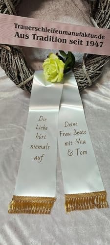 Trauerschleife Grabschleife Kranzschleife weiß nach Kundenwunsch Bedruckt (12,5 cm für EIN Gesteck oder Kranz) Satin