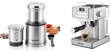 GEEPAS Espresso Coffee Machine & 200W Coffee Grinder Combo Set | 1465W Coffee Maker with Milk Frother | Electric Wet & Dry Food Processor Coffee Mill for Spice Nuts Chutney, 75g Detachable Bowl