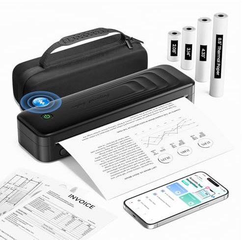 Impresora Termica Portatil, Bluetooth Impresora Termica A4, Impresora Portatil Inalambrica Compatible con Teléfonos Android e iOS y Portátil, Negro