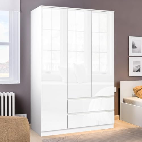 Blisswood High Gloss 3 Door 2 Drawer Wardrobe – MDF Wooden Double Wardrobe with Hanging Rail, Shelves & Large Storage Cupboard for Bedroom Furniture (White)