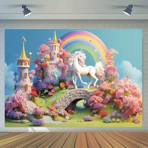 1 Fondo de fotografía de Unicornio arcoíris con Castillo de Cuento de Hadas, Suministros para Mesa de Pastel de Fiesta de cumpleaños para Aplastar Pasteles 150cmx100cm