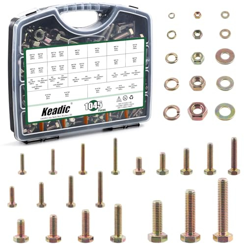 Keadic 8.8 Metric Bolts and Nuts,1045-teiliges Schrauben Sortiment, Klasse Sechsschrauben & Muttern Set, Verzinkte Befestigungselemente mit Flachscheiben & Federscheiben für Auto, Möbel