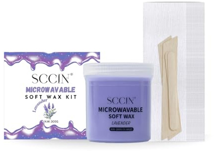SCCIN Lavender Soft Wax Kit for Hair Removal 300g, Microwavable with 20 Waxing Strips & 4 Wooden Spatulas, Stubborn Coarse hair Removal, At-Home Waxing Kit for face, Legs, Arms, Underarms & Bikini