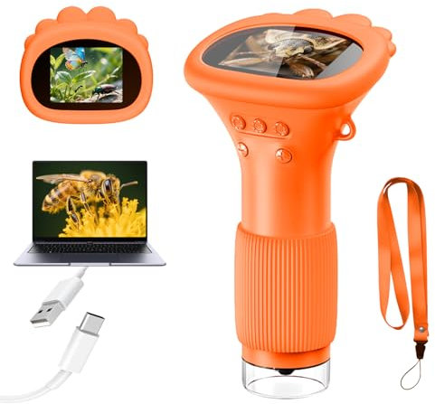 Acoath Mikroskop für Kinder, Digitales Mikroskop mit 2,0 IPS-Bildschirm Lupe 200x Vergrößerung, 8 LED Lights Handy Microscope USB Taschenmikroskop - Orange