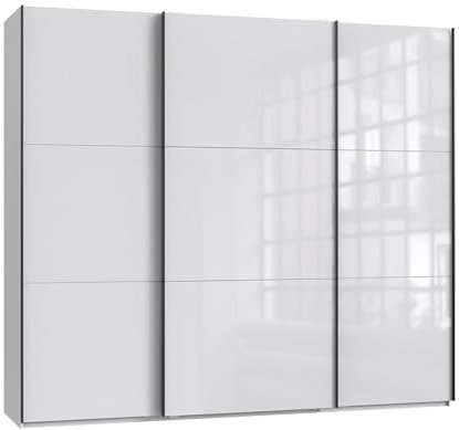 Schwebetürenschrank 3-türig B250/H216/T65 cm in Weiß mit Glasfront, schwarzen Griffleisten, inkl. Selbsteinzug, Kleiderschrank mit Einlegeböden, Kleiderstangen, Schubladen, Wäscheeinteilung / 22030