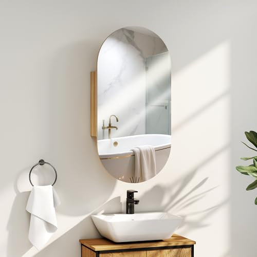 HOMCOM Armoire Murale Salle de Bain avec Miroir Ovale, 45 x 90 cm, Meuble Salle de Bain Moderne, Design sans Cadre, Miroir avec Rangement, Bois Naturel