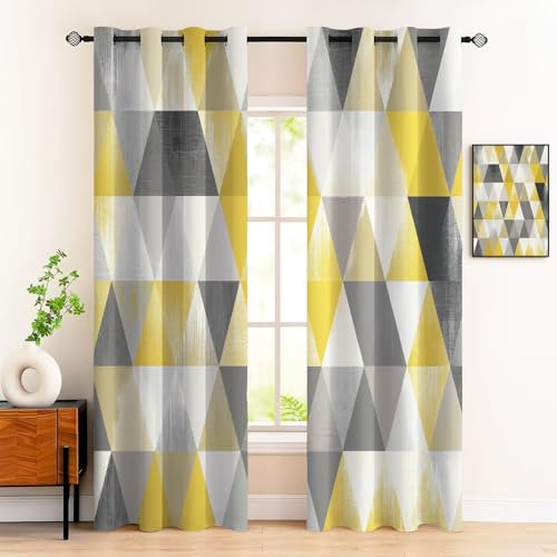 Tende Oscuranti Per Interni Geometria Triangolare Semplicità Retrò 140Lx240A Cm 3D Tende Oscuranti Termica Isolante Drappeggi Con Anelli Per Decorazione Di Finestre Soggiorno, Giallo-Grigio