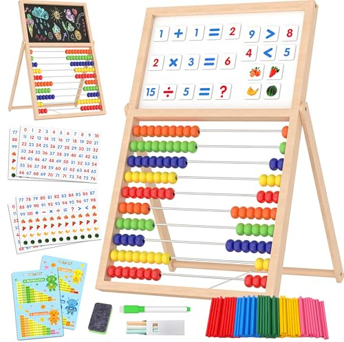 Gotoofun Wooden Abacus for Kids Math - Double-Sided Blackboard Whiteboard for Toddlers with 308 Magnetic Number & Fruit Cards, 100 Counting Sticks Montessori Educational Toys Homeschool Essentials