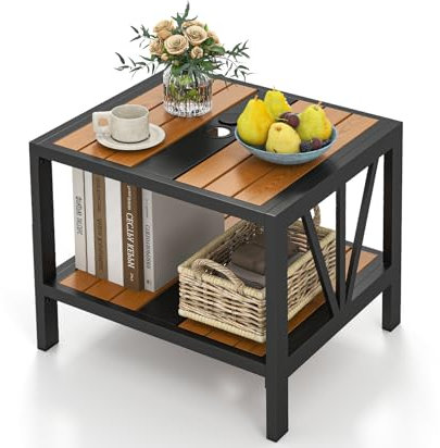 KOMFOTTEU Table Basse de Jardin avec Trou pour Parasol Ø40 mm, Table d'Appoint rectangulaire à 2 Niveaux, Tables d’Appoint Carrée en Métal, pour, Cour, Terrasse, 52 x 46 x 45 cm