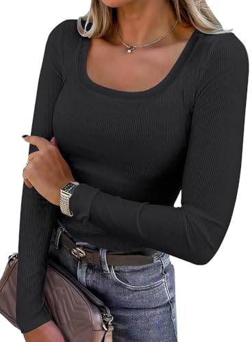 AirMood Women Long Sleeve Casual Ribbed T-Shirts Top Scoop Neck Rib Slim Fit Tunic Tshirt (Black,S)