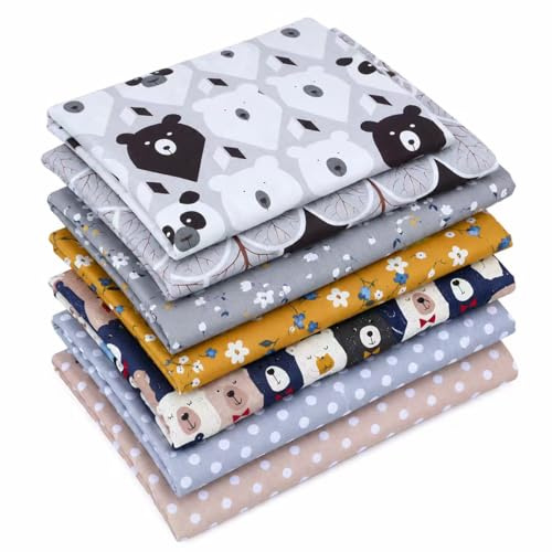 EXGOING Fat Quarters Fabric Bundles, 8PCS 50x50cm Squares with Brown Bear | High-Density Cotton Material, For Sewing & Quilting, 50x50cm Squares, Brown Bear, Floral, Polka Dot & Check Prints