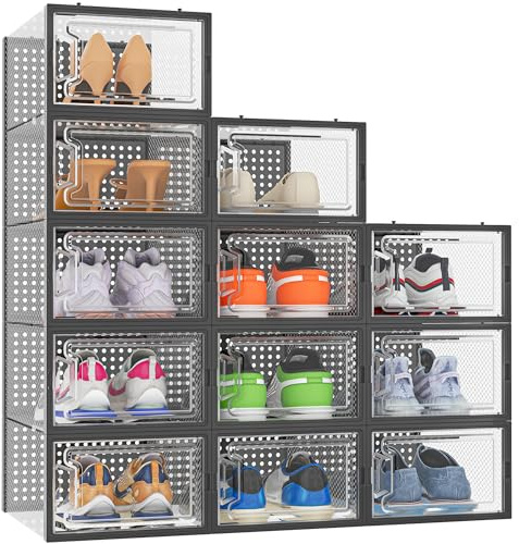 HOMIDEC 12 Scatole per Scarpe, Porta Scarpe Trasparenti Impilabili, Nero | Adatto Fino al 44 EU, Plastica Trasparente, Antipolvere, Traspirante, Anti-Odore e Lavabile, per Ingresso e Armadio