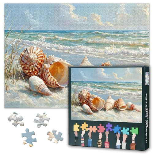 Puzzles für Erwachsene mit 1000 Teilen – Muscheln am Sandstrand von Ocean Waves Jigsaw Puzzles | Hochwertiges 1000-teiliges Puzzle für Erwachsene, Anspruchsvolle Kunstwerke Puzzle 70 * 50 cm