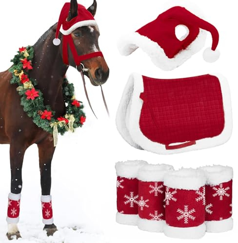 Weihnachtskostüme für Pferde zum Tragen, 6 Stück/Set Pferde-Weihnachtsmann-Beinwickel mit Sattel und Weihnachtsmannmütze, Weihnachts-Pferdezubehör für die Weihnachtsfeier