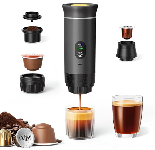 3-in-1 Portable Coffee Maker,with Self-Heating for RV,Camping,Hiking,Office | Portable Electric Espresso Machine,Compatible with Small/Large Capsules & Coffee Grounds 20 bar Pod USB-C Rechargeable